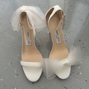 Jimmy Choo White Heeled Sandals with Tulle Bow